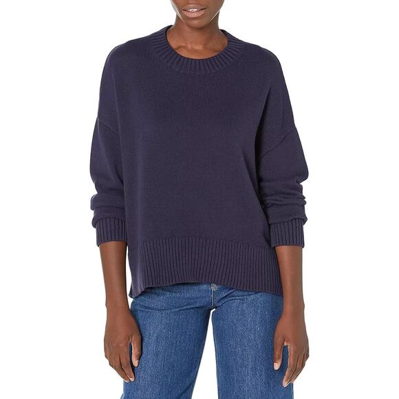 Daily Ritual Women's Boxy Cotton Crewneck Pullover Navy Sweater Classic Preppy - Picture 1 of 8